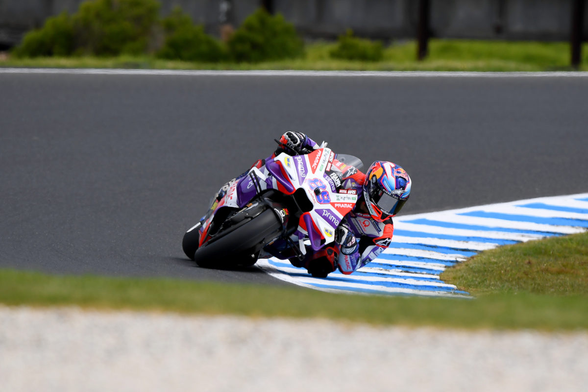 MotoGP championship contender Jorge Martin tried to win the Australian GP on a soft rear tyre but came up less than a lap shy. Image: Russell Colvin