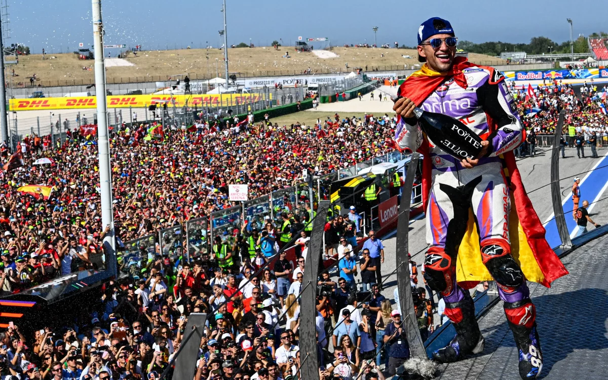 Jorge Martin (pictured) battled with Francesco Bagnaia at Misano