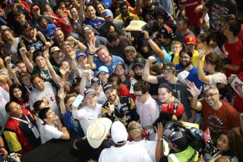 Josef Newgarden and James Hinchcliffe were among the first drivers to walk over to the grandstands to engage with fans at Texas