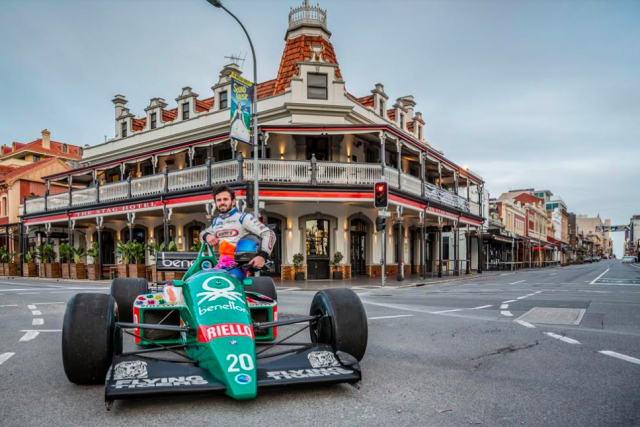 Josh Kean with the Benetton B186 during an Adelaide Motorsport Festival photoshoot on the former grand prix circuit 