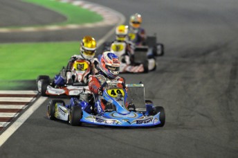 Mawson on his way to victory at the final round of the 2012 CIK-FIA Under 18 World Karting Championship(Pic: KSP)