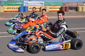 Nick Percat (front), Scott Pye and Tim Slade launched the Australian Karting Championships in Adelaide today (PIC: AF Images)