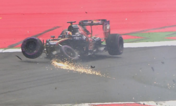 Daniil Kvyat crashes heavily after running over the revised kerbs 