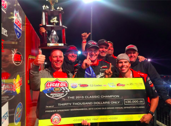 Kyle Hirst and his crew celebrate after taking the 2015 Lucas Oil Grand Annual Sprintcar Classic at Warrnambool