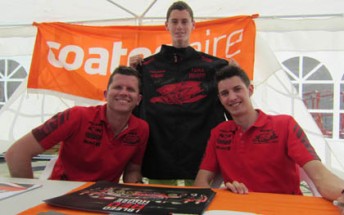 Garth Tander and Nick Percat with Lachlan Thomas and his prized team jacket that was signed by both the winner drivers