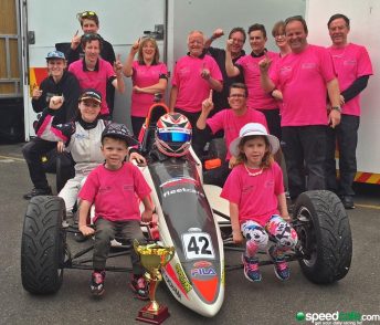 Leanne Tander celebrates Formula Ford title success with here family and Sonic Motor Racing Services team