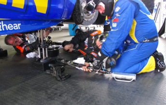 The steering rack being changed in the #4 Mercedes