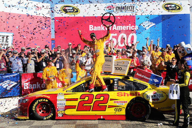 Joey Logano wins the delayed Charlotte NASCAR Sprint Cup Chase race