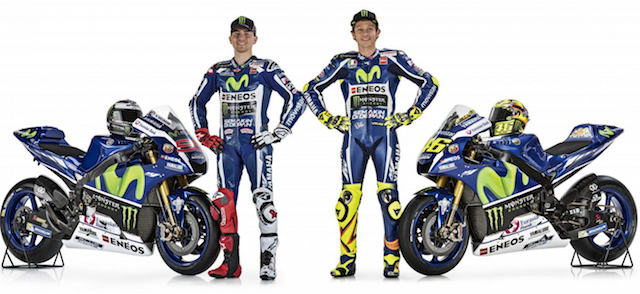 Jorge Lorenzo and Valentino Rossi at the launch of their 2016 Yamaha factory bikes in Barcelona