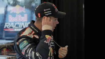 Craig Lowndes is sporting a cast on his right wrist after a fall on his bike