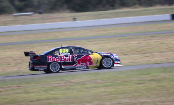 Craig Lowndes on track today at Queensland Raceway