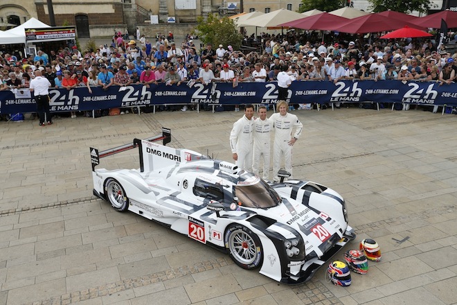 Brendon Hartley, Timo Bernhard and Mark Webber at Le Mans scrutineering 