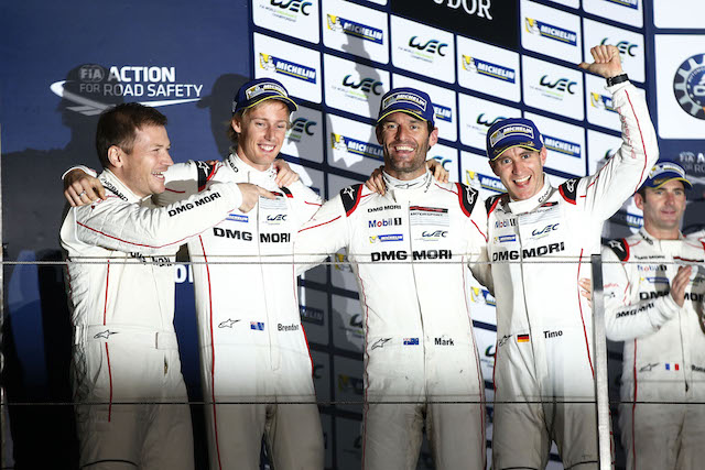From left, team principal Andreas Seidl, Hartley, Webber and Bernhard clinch a fourth straight win in Shanghai