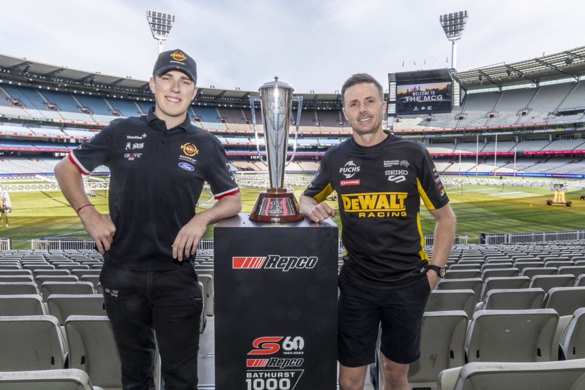 Matt Payne (left) and Mark Winterbottom (right) with the Peter Brock Trophy at the Melbourne Cricket Ground. Image: Supplied