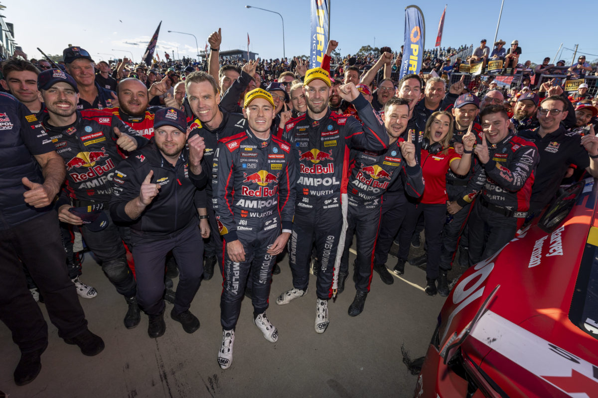 Richie Stanaway (centre-left) with Shane van Gisbergen (centre-right) after they won the Bathurst 1000. Image: Supplied