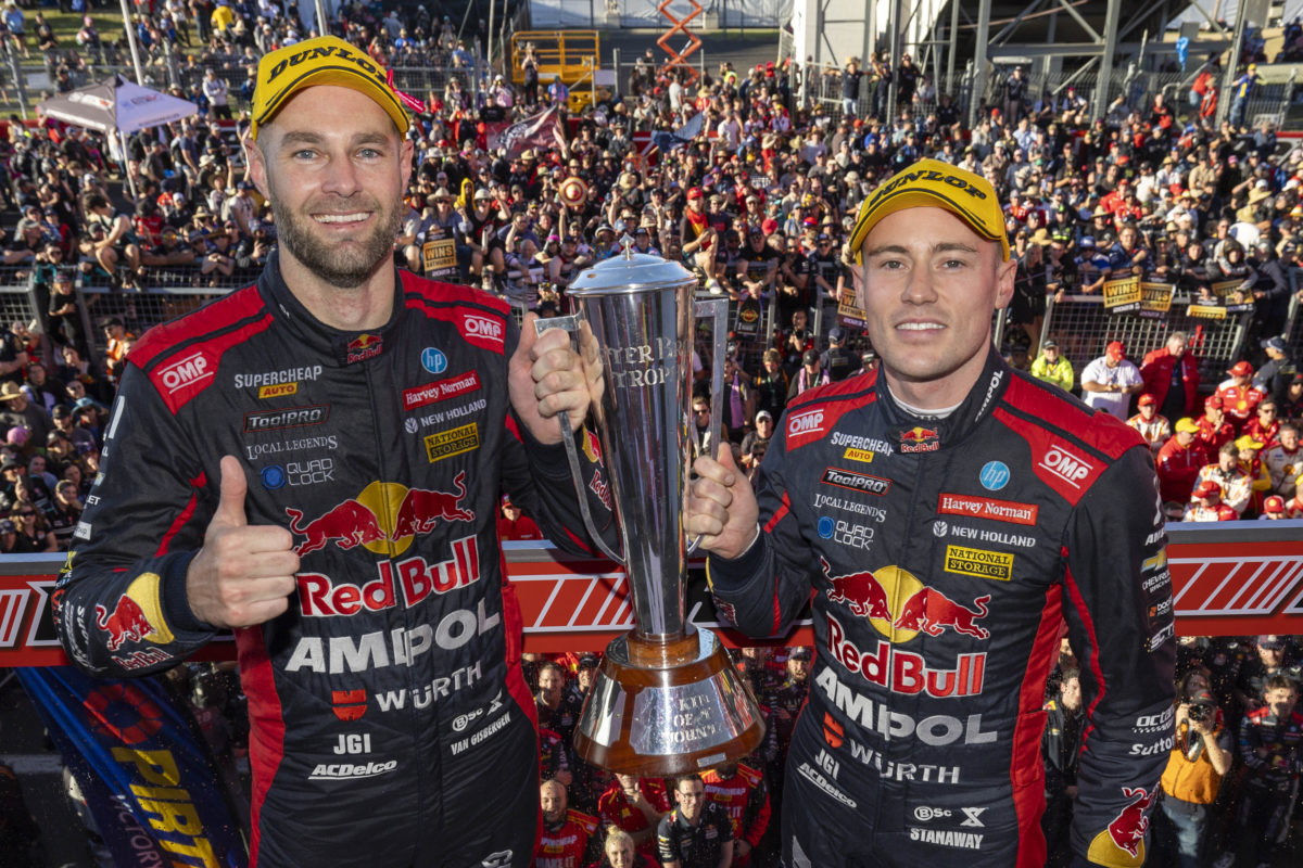 Shane van Gisbergen (left) and Richie Stanaway (right) hold the Peter Brock Trophy after their win in the 2023 Bathurst 1000. Image: Supplied