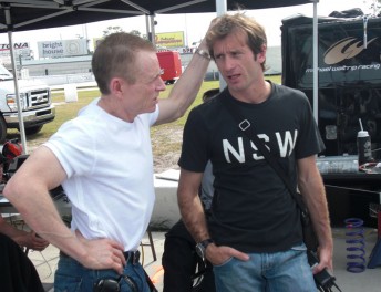 Mark Martin gives Jarno Trulli some tips as the F1 driver gets his first taste of a NASCAR in Florida this morning