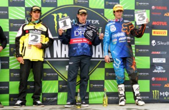 Wonthaggi MX1 winner, Brad Anderson is flanked by Todd Waters (L) and Lawson Bopping (PIC: makkreative.com)