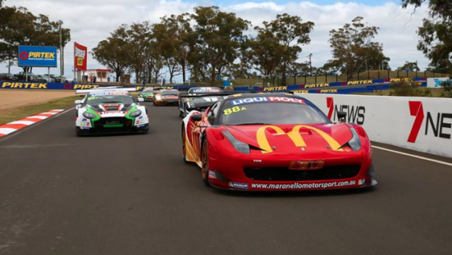 The Maranello Ferrari 458 in action prior to its event ending accident at the Bathurst 12 Hour  