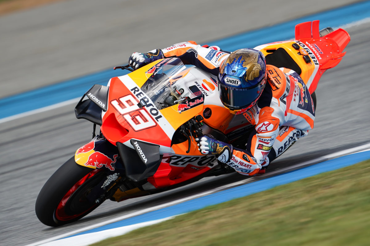 Marc Marquez rides a Repsol Honda MotoGP bike at the Buriram International Circuit in practice for the 2023 Thailand Grand Prix