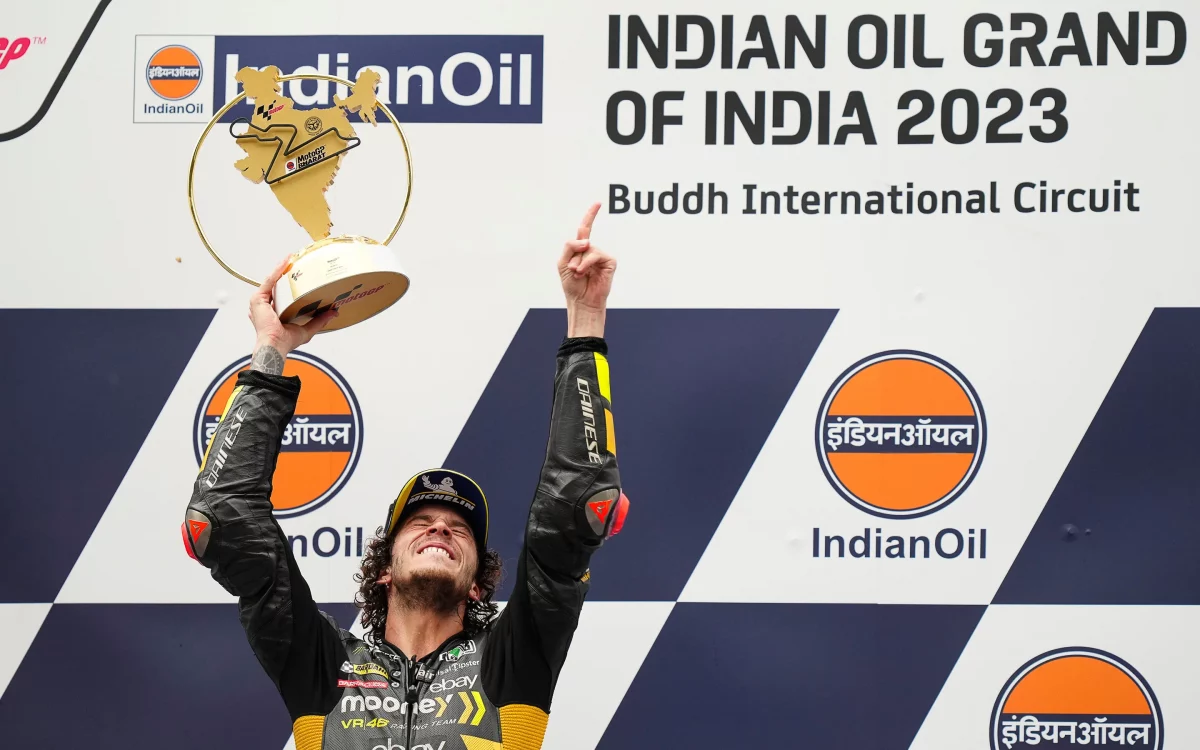 Marco Bezzecchi celebrates a MotoGP victory in India