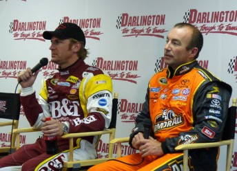 Clint Bowyer and Marcos Ambrose speak with media during Goodyear tyre testing in Darlington, South Carolina 