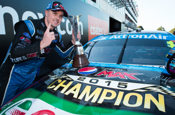 Mark Winterbottom celebrates scoring a maiden V8 Supercars crown at Sydney Olympic Park 