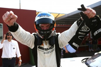 A delighted Maro Engel after sealing victory in the FIA GT World Cup race