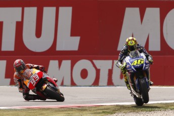Valentino Rossi forced to cut the chicane at the final corner after lunge from Marc Marquez