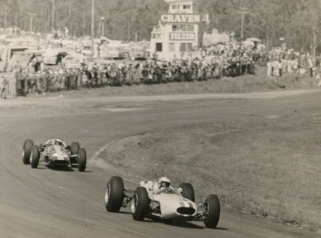 Matich leads Jim Clark through the kink at Lakeside in 1965. Clark would win as Matich suffered an engine misfire however the Australian regarded it as his greatest race against the greatest driver he had ever raced against. pic: courtesty of Matich family