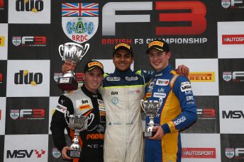 Joey Mawson (left) celebrates a aide BRDC F3 podium at Snetterton 