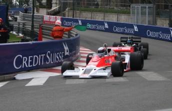 McLaren M26 in action at a historic event on the Monaco circuit