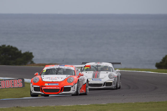 Scott McLaughlin leads Nick Percat in the opening Carrera Cup enduro at Phillip Island 