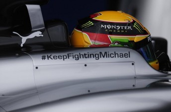 The Mercedes of Lewis Hamilton at Jerez carrying a tribute message for Schumacher