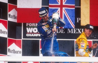 Nigel Mansell beats his Williams team-mate Riccardo Patrese with Michael Schumacher third at Mexico in 1992