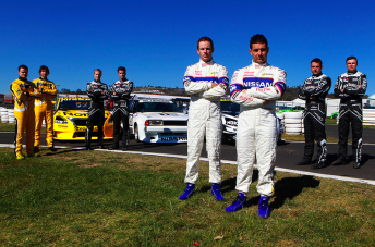 Gaunt and Caruso pose with their six Nissan Motorsport stable-mates