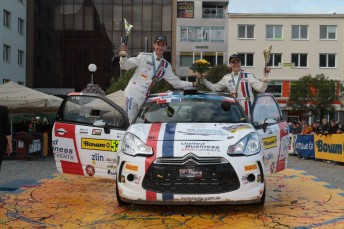 Taylor and co-driver Seb Marshall celebrate in the Czech Republic