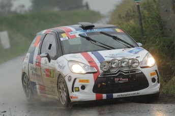 Molly Taylor in the rain at the Ypres Rally