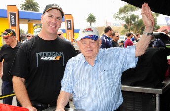 Australian Top Fuel Champion Darren Morgan with Calder Park owner, Bob Jane (Pics: Fred Dwyer)