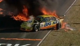 The Big Kev Commodore on fire at Oran Park in 2000