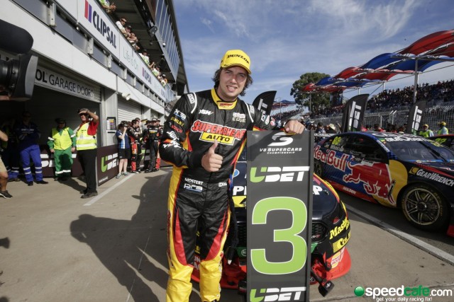 Chaz Mostert celebrates a podium on his return to V8 Supercars 