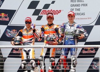 Màrquez flanked by Pedrosa and Lorenzo on an all-Spanish podium