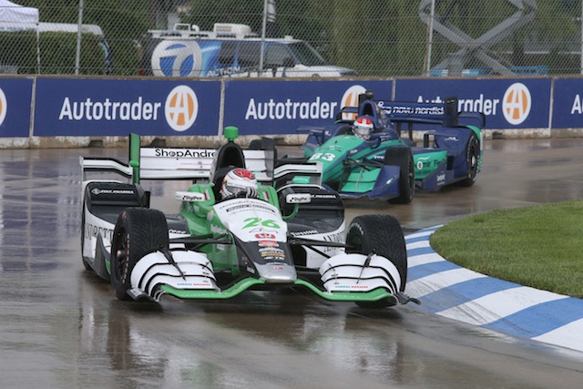 Carlos Munoz claims his first IndyCar series after the wet Detroit opening race was cut short due to lightning in the area