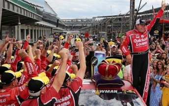 Ryan Newman celebrates at Indy