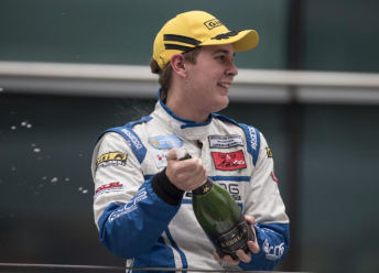 Nicholas Rowe celebrates a podium in the Formula Masters China Series  