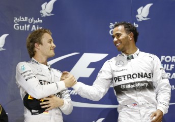 Nico Rosberg and Lewis Hamilton on the podium after their epic battle in Bahrain