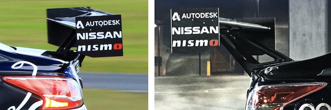 A comparison of the 2013 Nissan rear wing position (left) with the revised version (right)