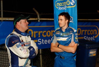 Mark Winterbottom speaking with Robbie Farr prior to climbing aboard the two-seater Sprintcar