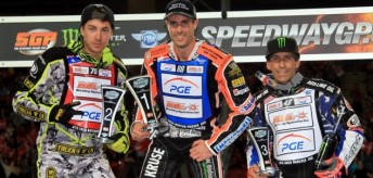 Troy Batchelor (L) scored his first SGP podium with Iversen (C) and Hancock (R)