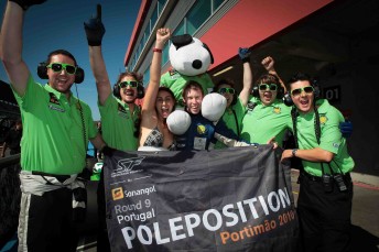 John Martin and his team celebrate pole positionat the Autodromo Portimao